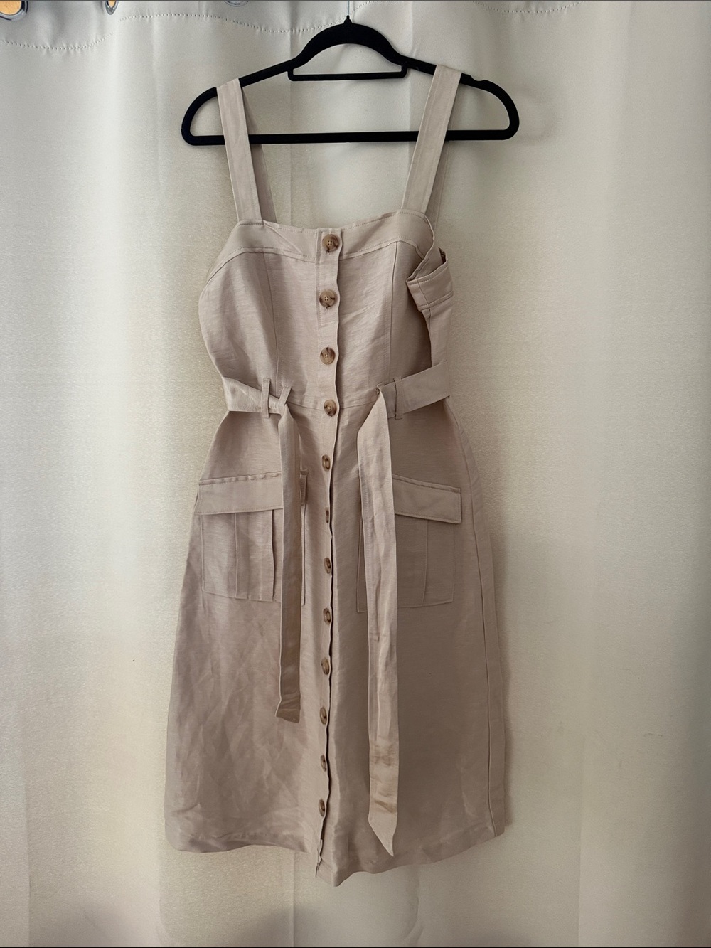 Express Beige Button-Front Belted Midi Dress